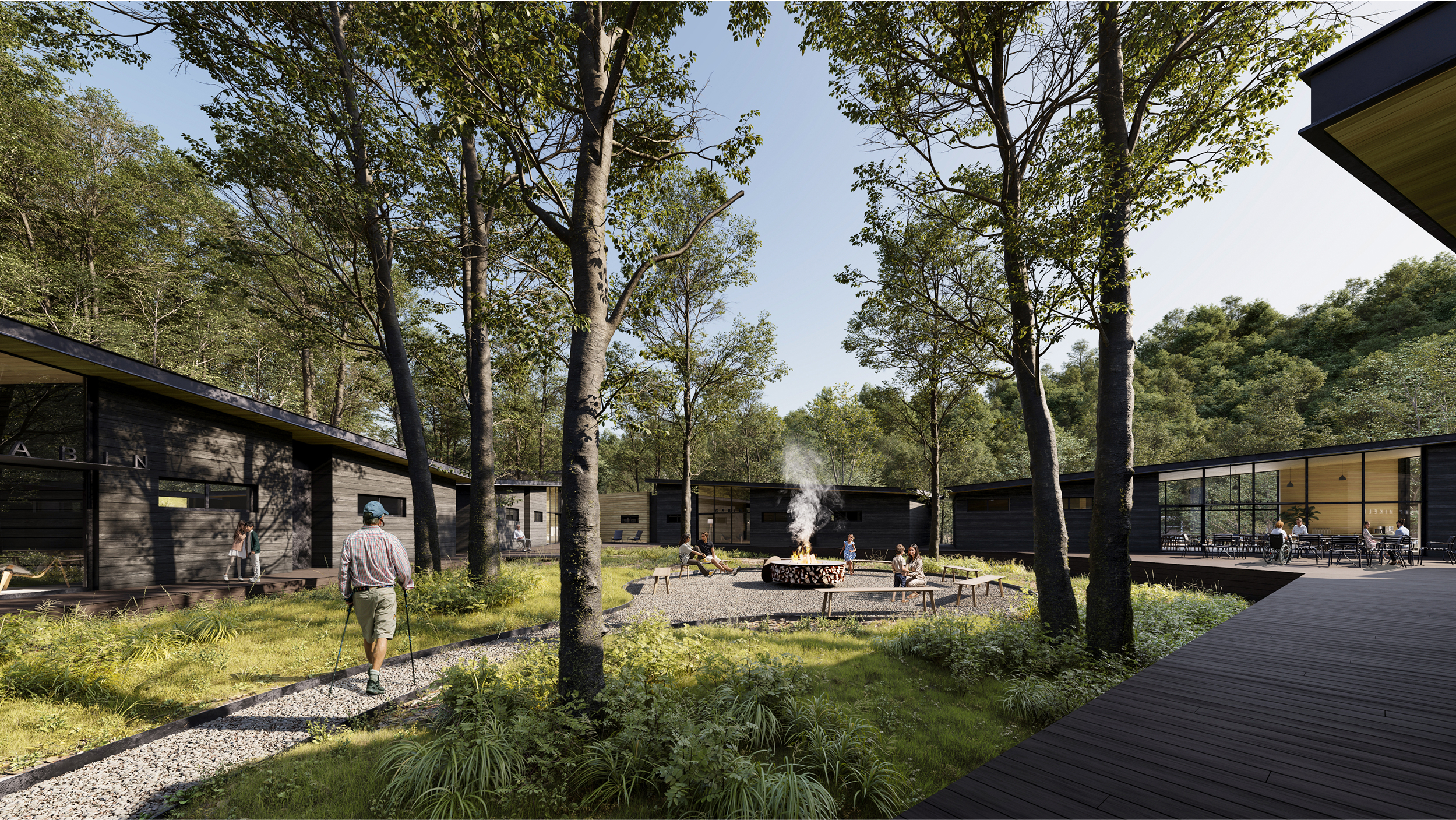Modern cabins surrounded by trees at Camp Mikell