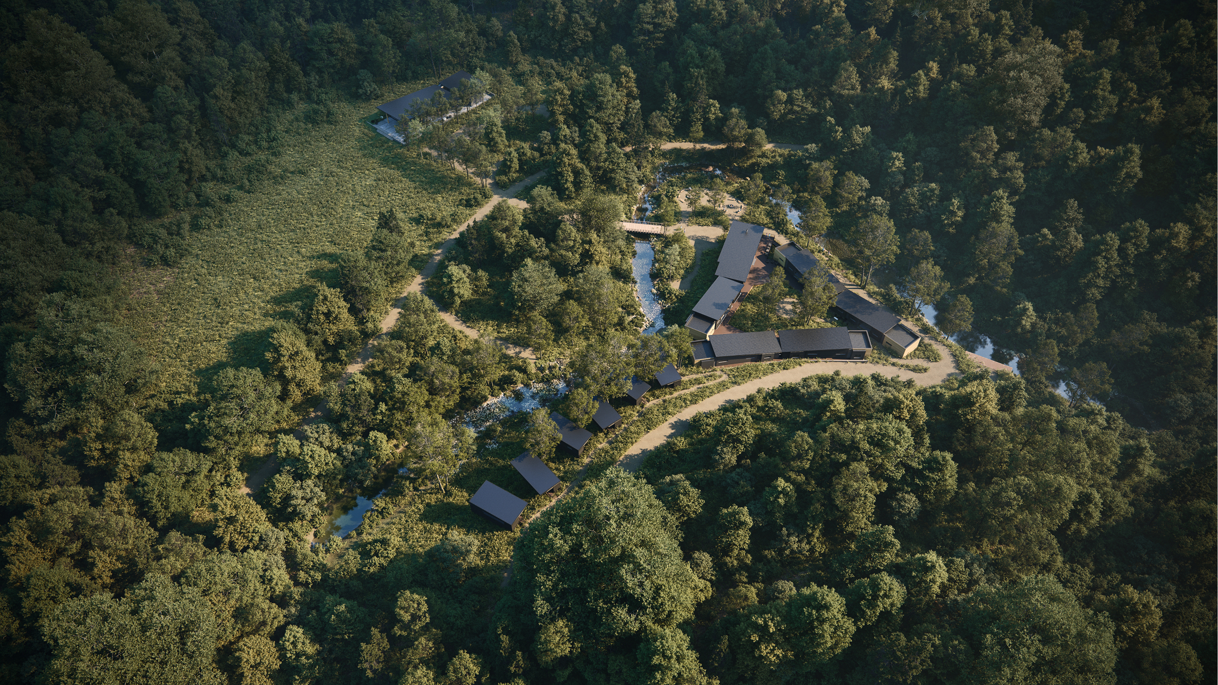 Aerial view of Camp Mikell, nestled in a lush forest with cabins and walking paths.