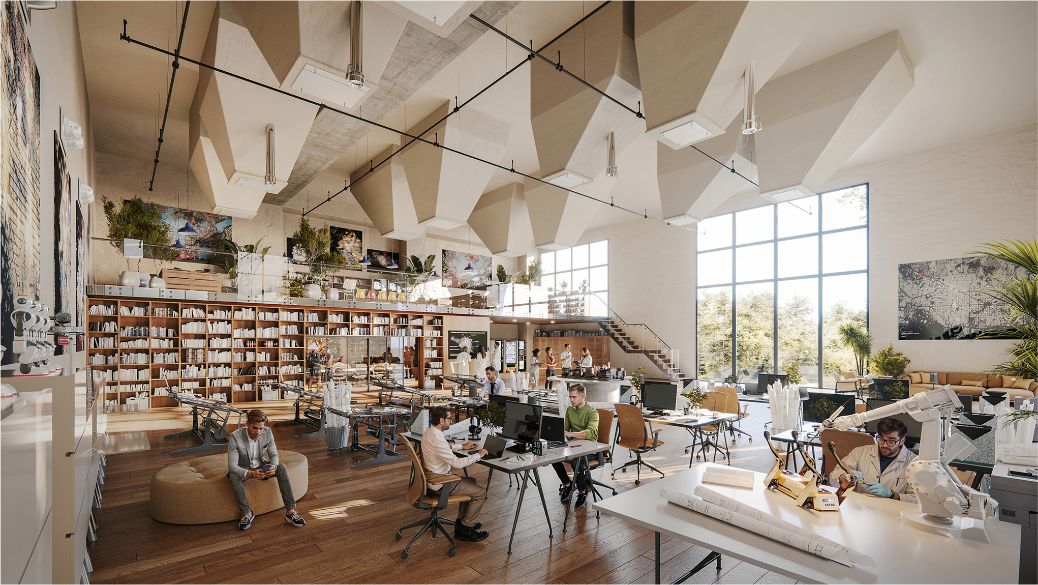Modern open-plan office with employees working at desks and a large library. Barcelona project.