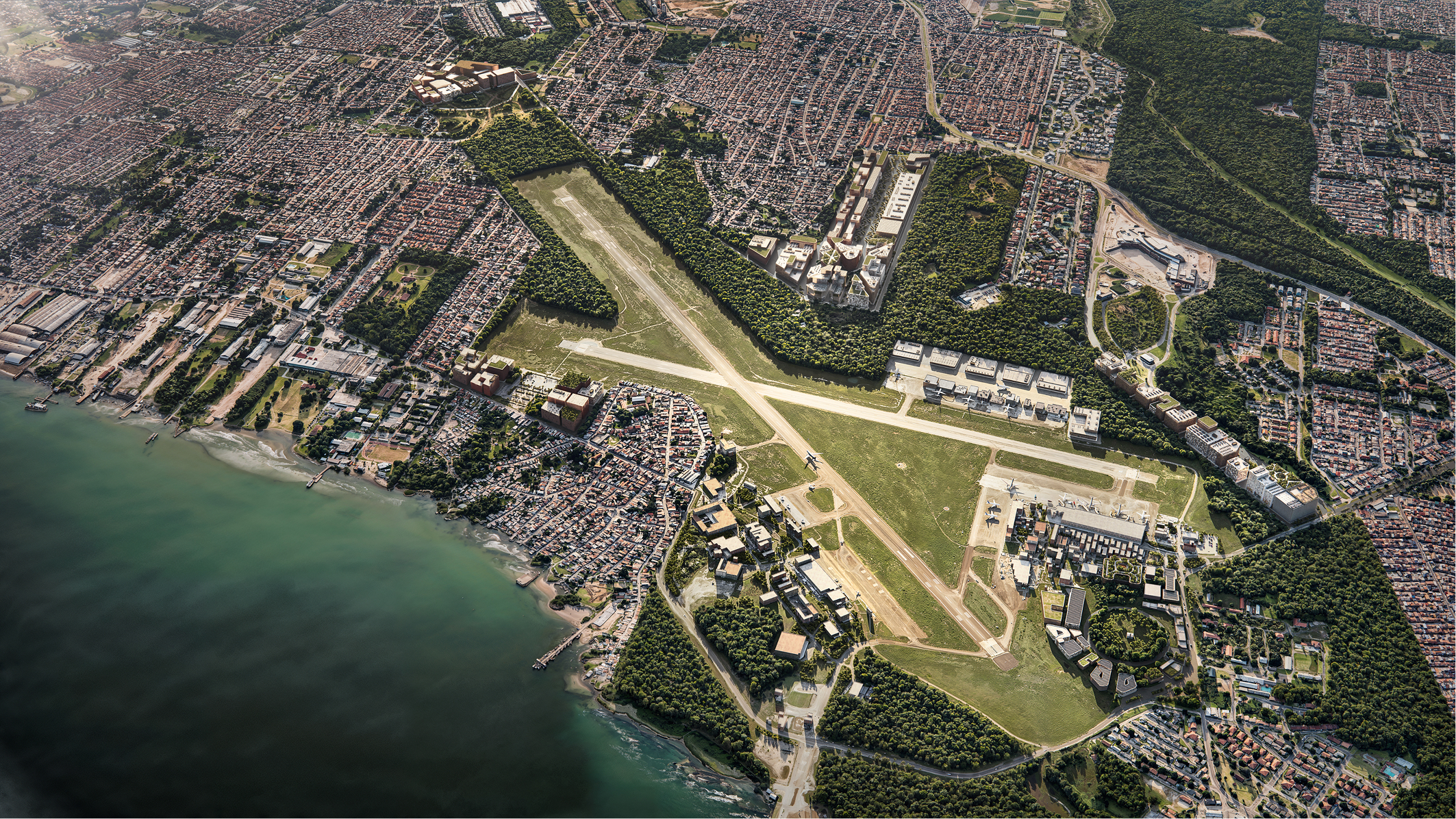 Aerial view of Belém International Airport, showing runways and surrounding city.