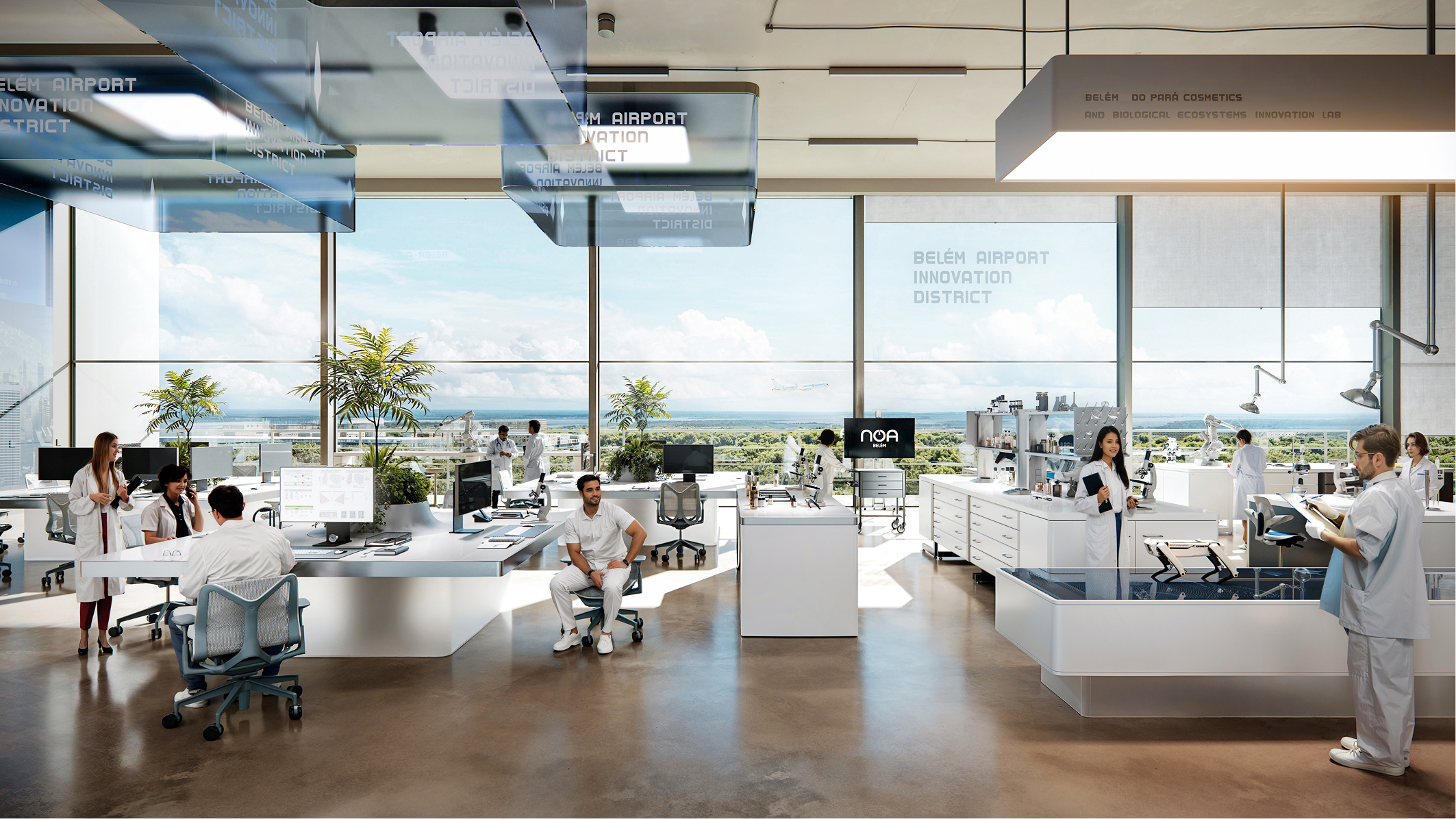 Modern lab at Belém Airport Innovation District. Scientists work in a bright, spacious lab with large windows overlooking the airport.