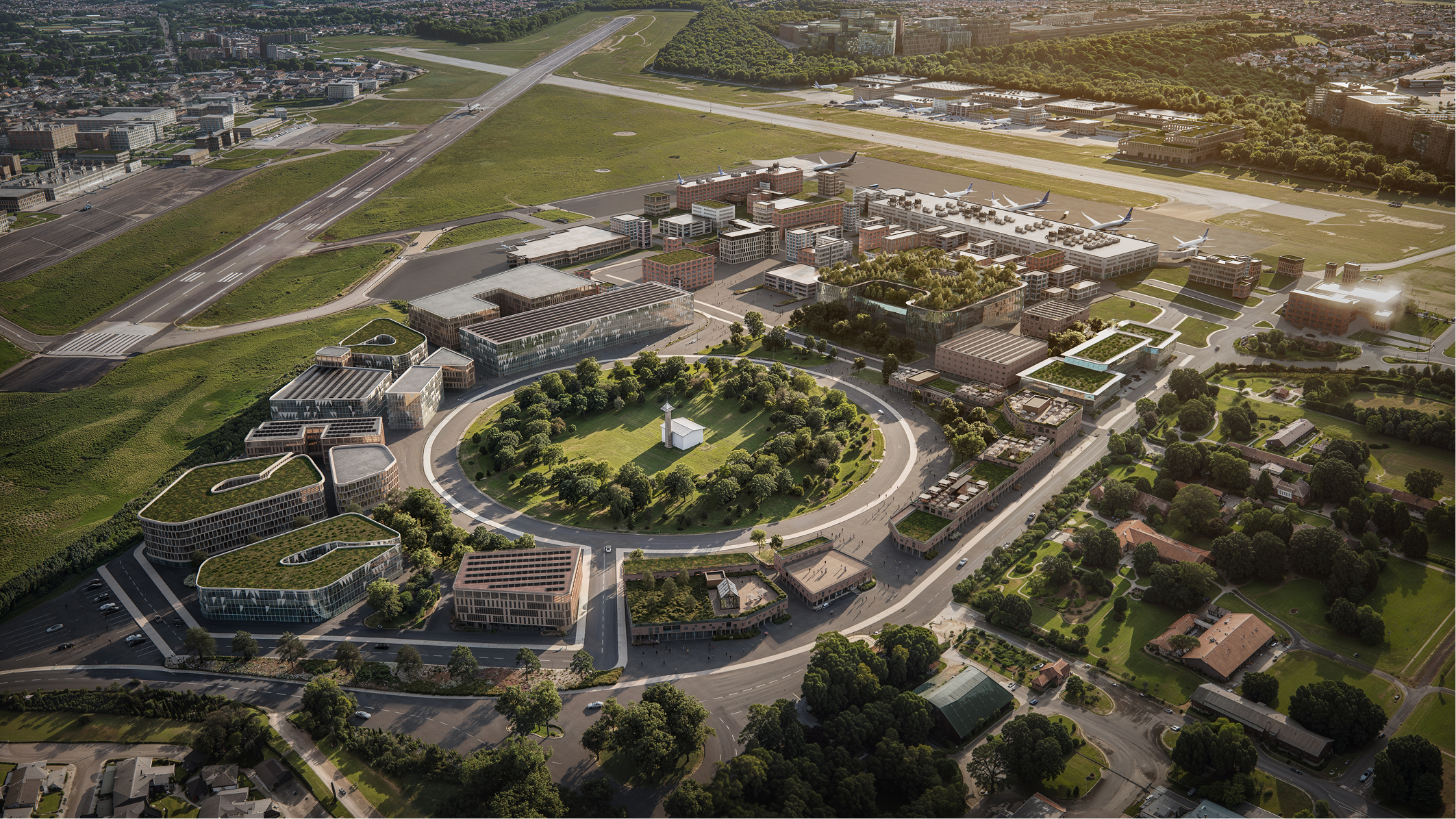 Aerial view of Belém International Airport's modern design, featuring green spaces and sustainable architecture.