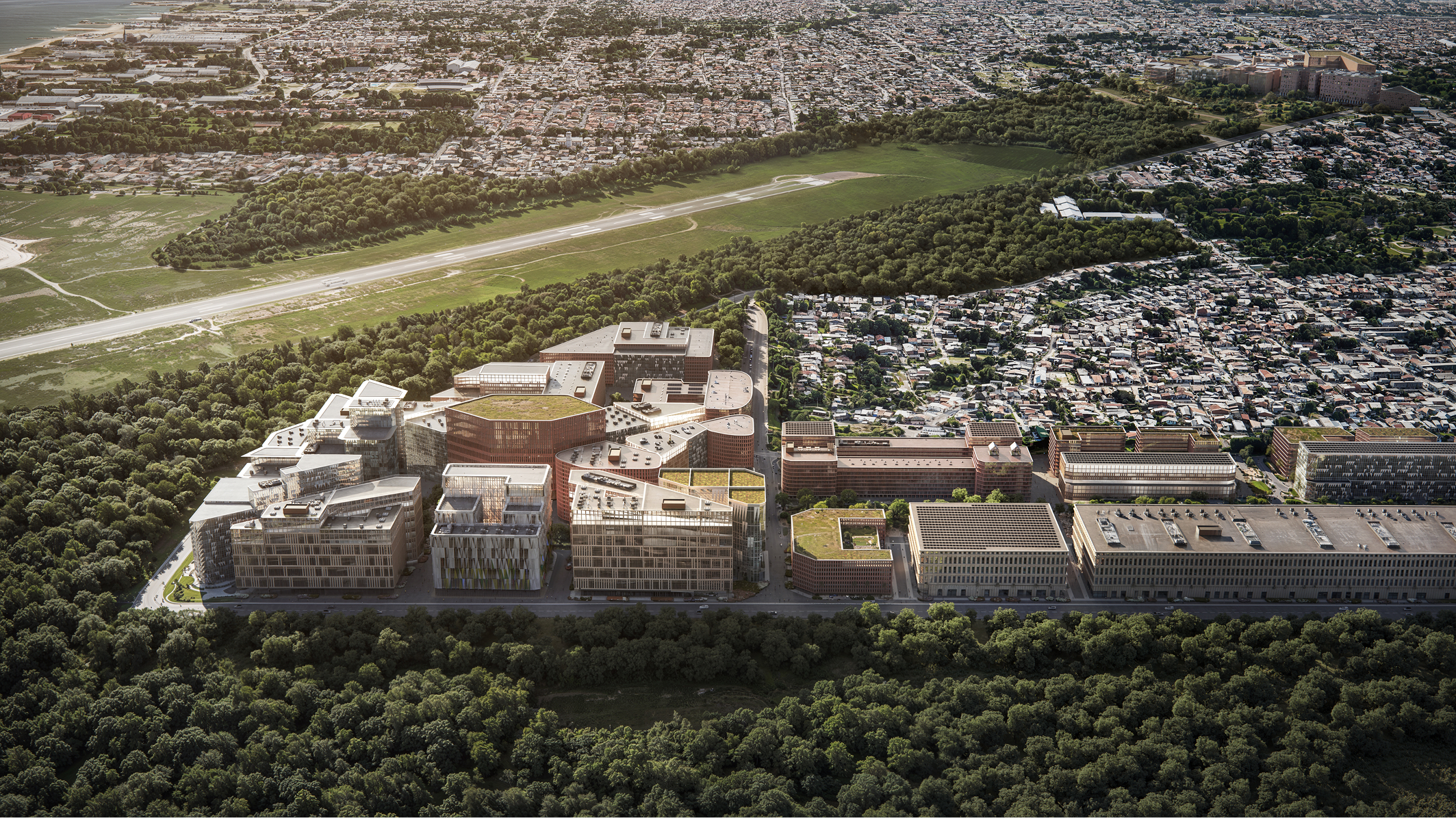 Aerial view of modern buildings near Belém International Airport.