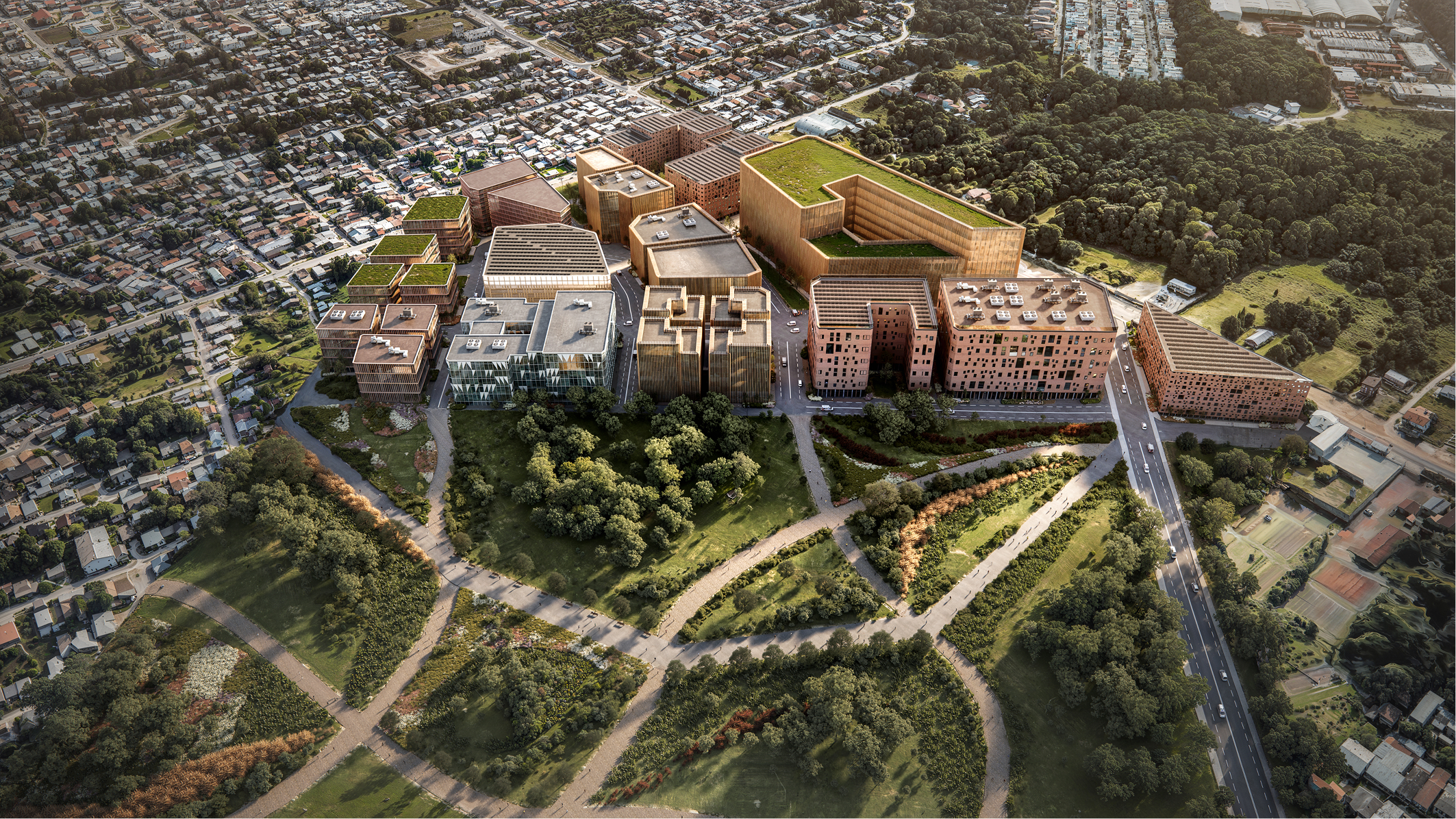 Aerial view of a modern architectural complex, possibly a new development near Belém International Airport.