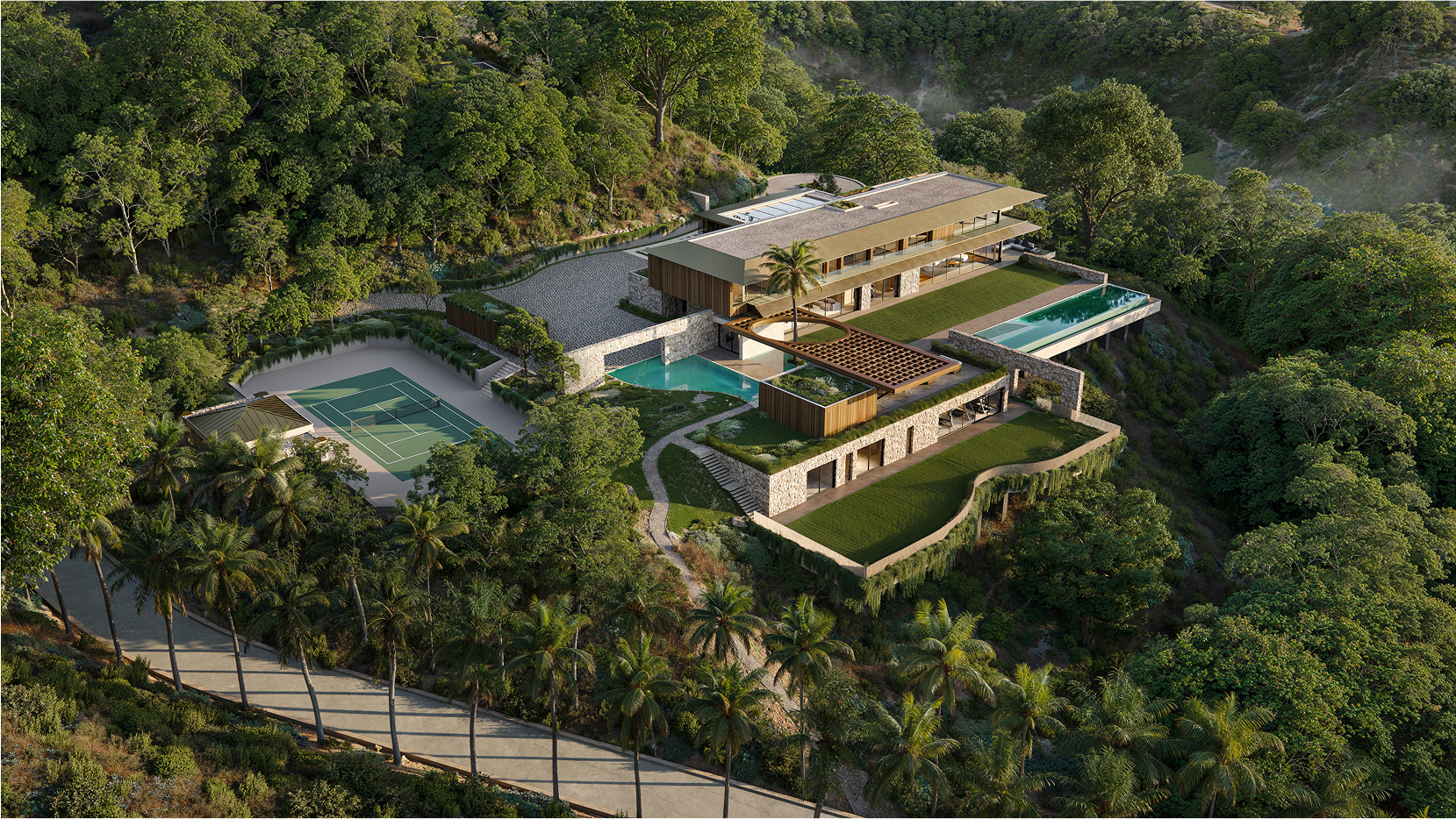 Aerial view of a luxurious modern home nestled in a lush green hillside, featuring a pool and tennis court.