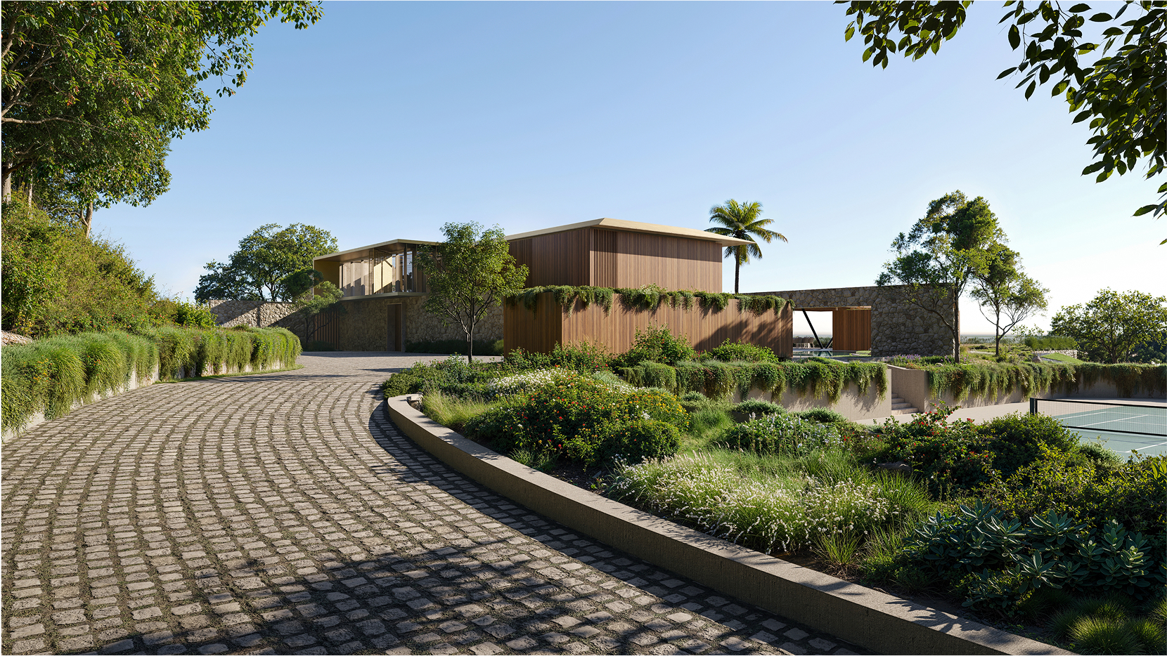 Cobblestone road leading to a wooden house surrounded by lush greenery