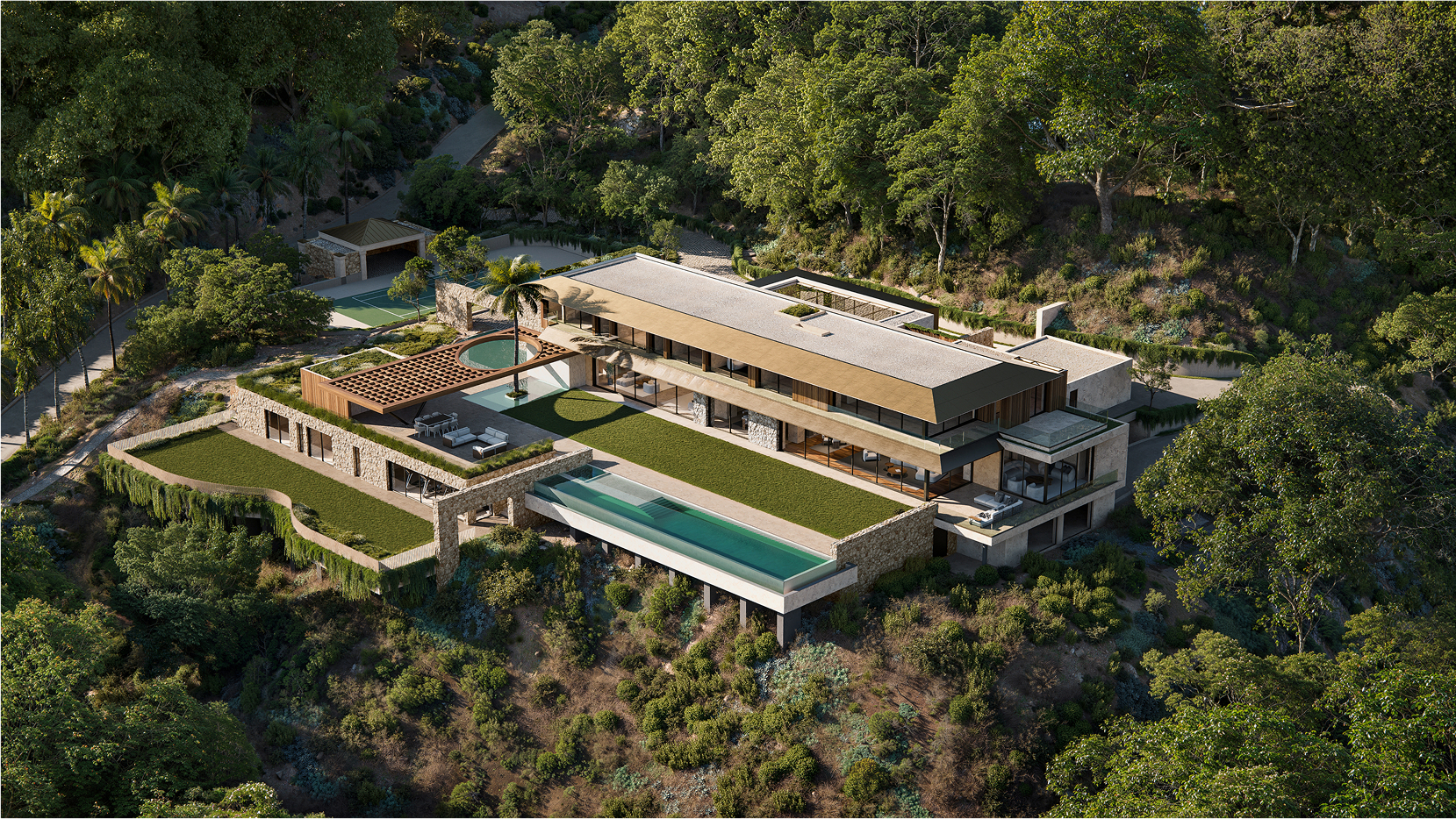 Aerial view of a luxury hillside home on Lausanne Road with infinity pool and tennis court.