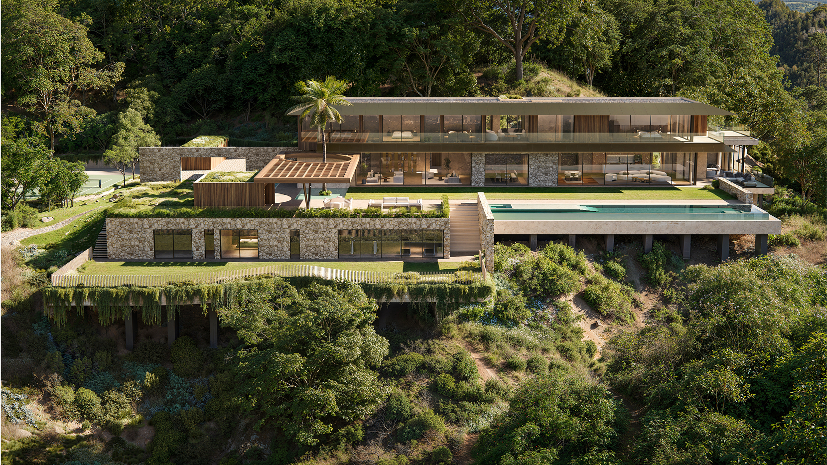Modern hillside home with infinity pool overlooking lush landscape. Lausanne Road architecture.