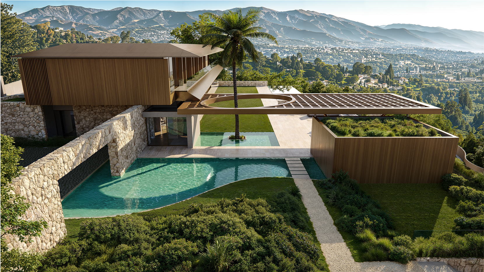 Modern hillside home with infinity pool and mountain views. Luxury architecture design.