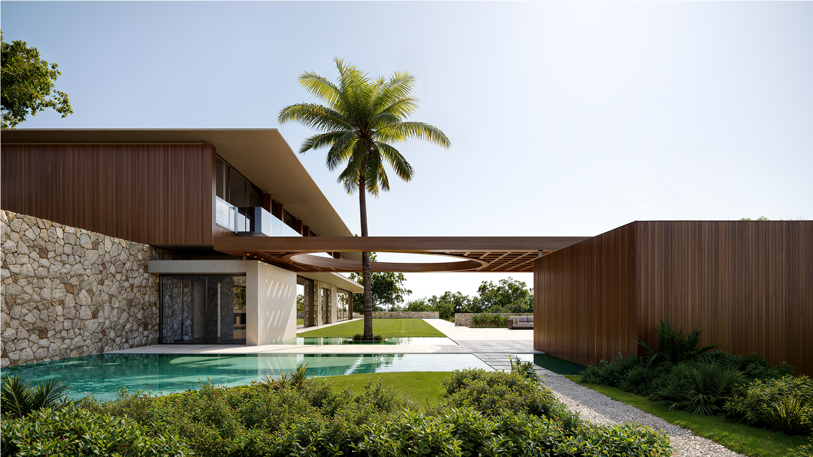 Modern luxury home with pool and wooden pergola, Lausanne Road design.