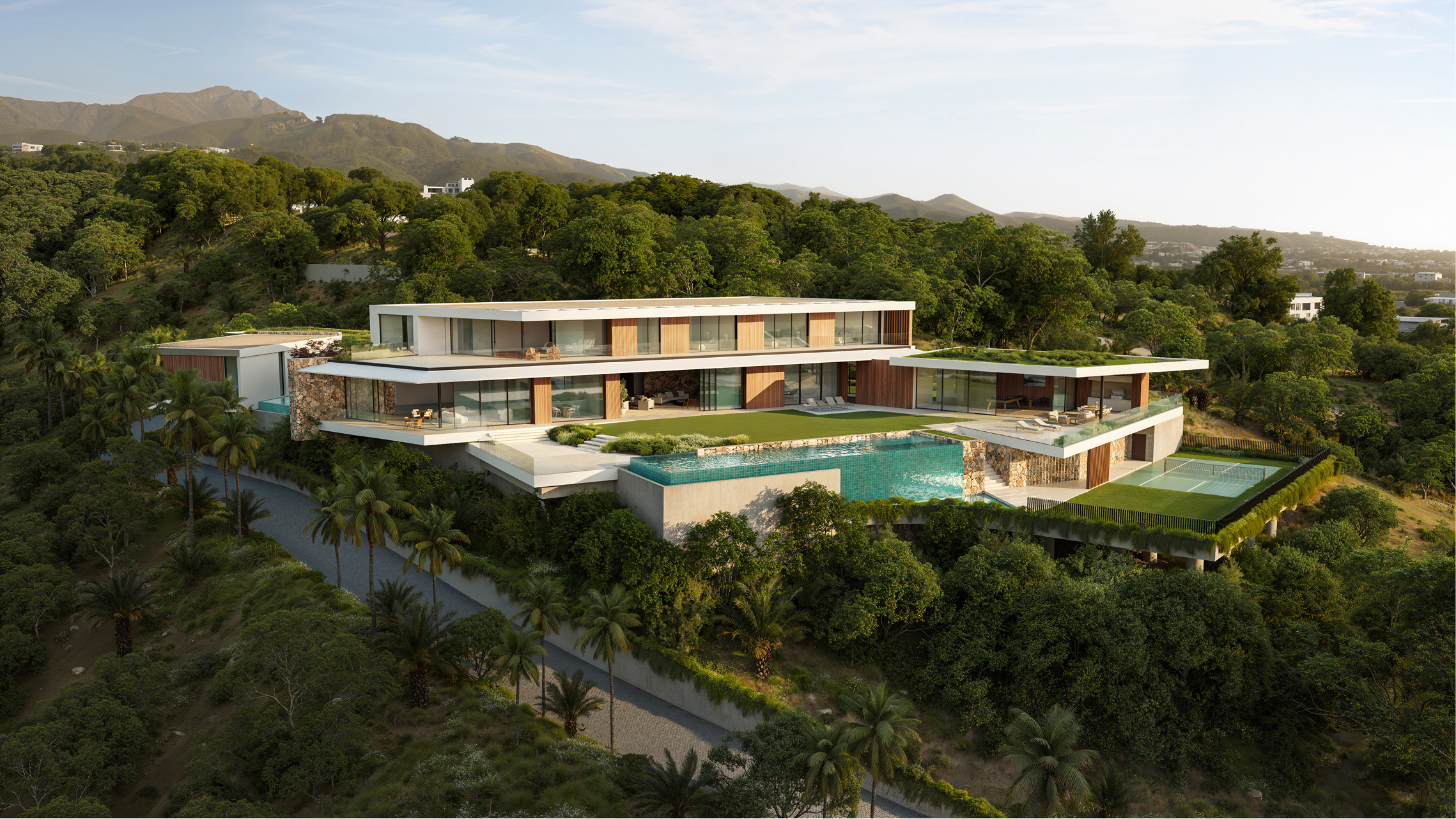 Luxury Via Santa Ynez hillside home with infinity pool and tennis court.