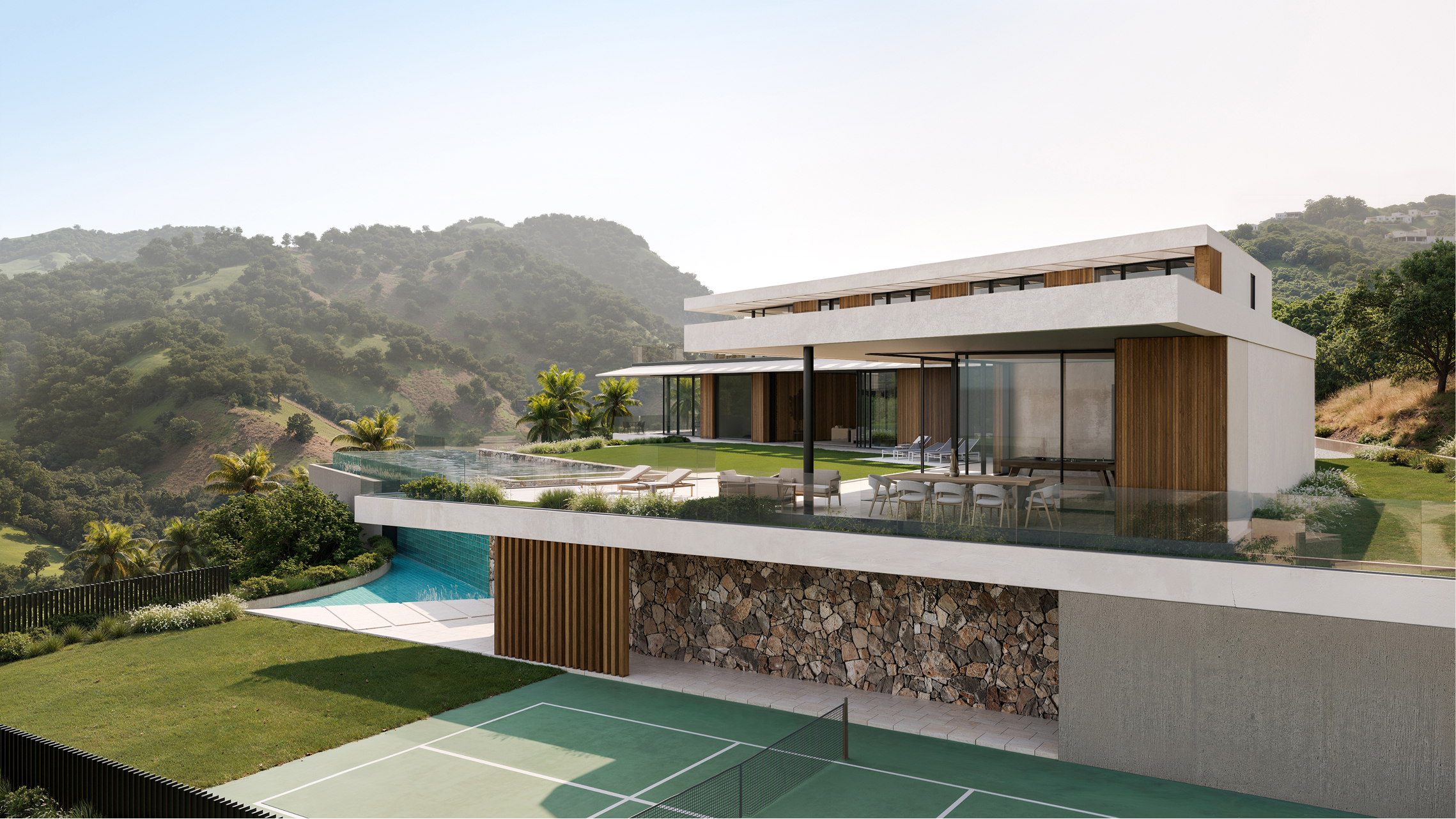 Modern hillside home with infinity pool and tennis court overlooking Santa Ynez Valley.
