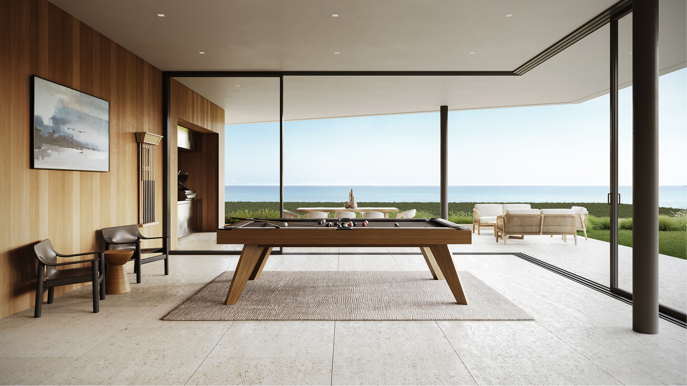 Modern pool table in a luxury home overlooking the ocean at Via Santa Ynez.