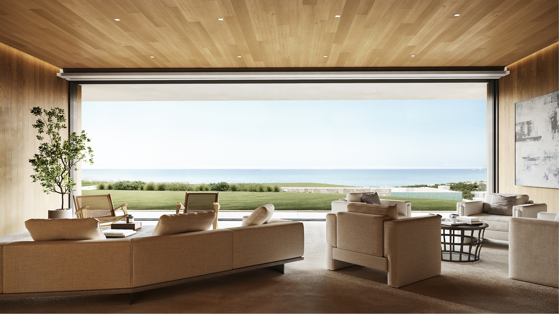 Modern living room with ocean view; beige sofas and chairs arranged around a coffee table. Via Santa Ynez design.