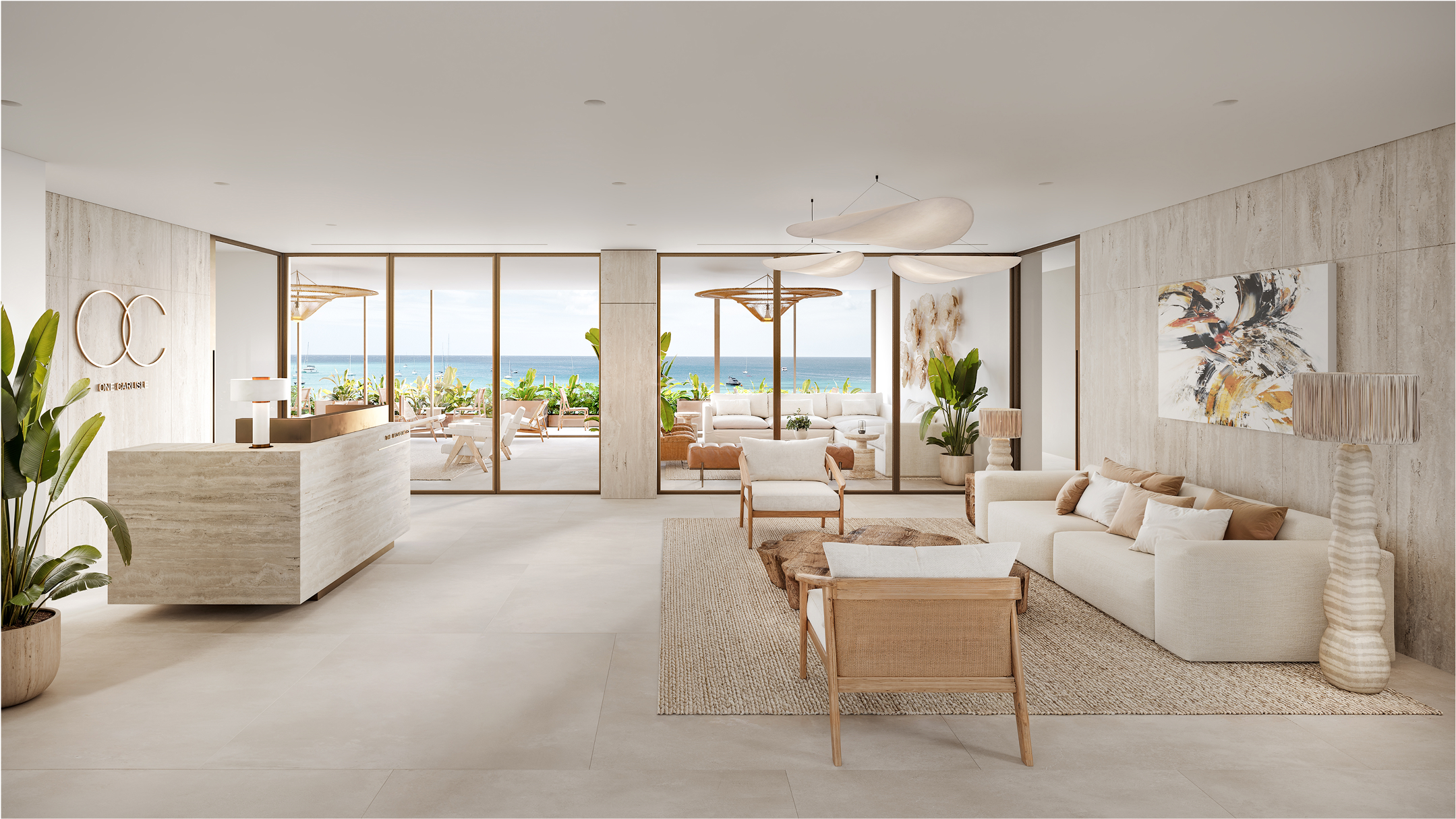 Luxurious lobby at One Carlisle Bay, featuring ocean views and comfortable seating.