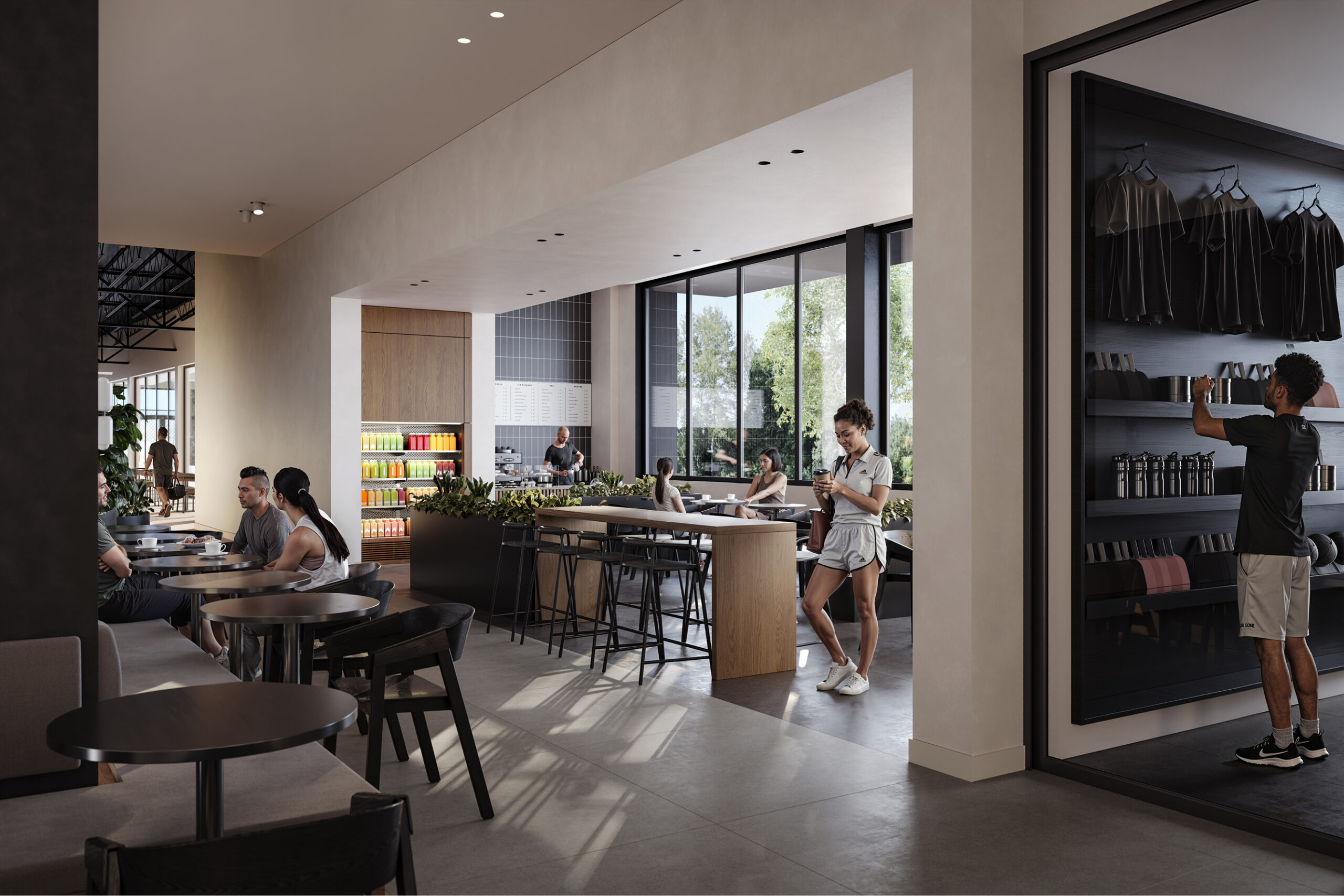 Modern Athens Athletic Club lounge with members relaxing and enjoying refreshments.