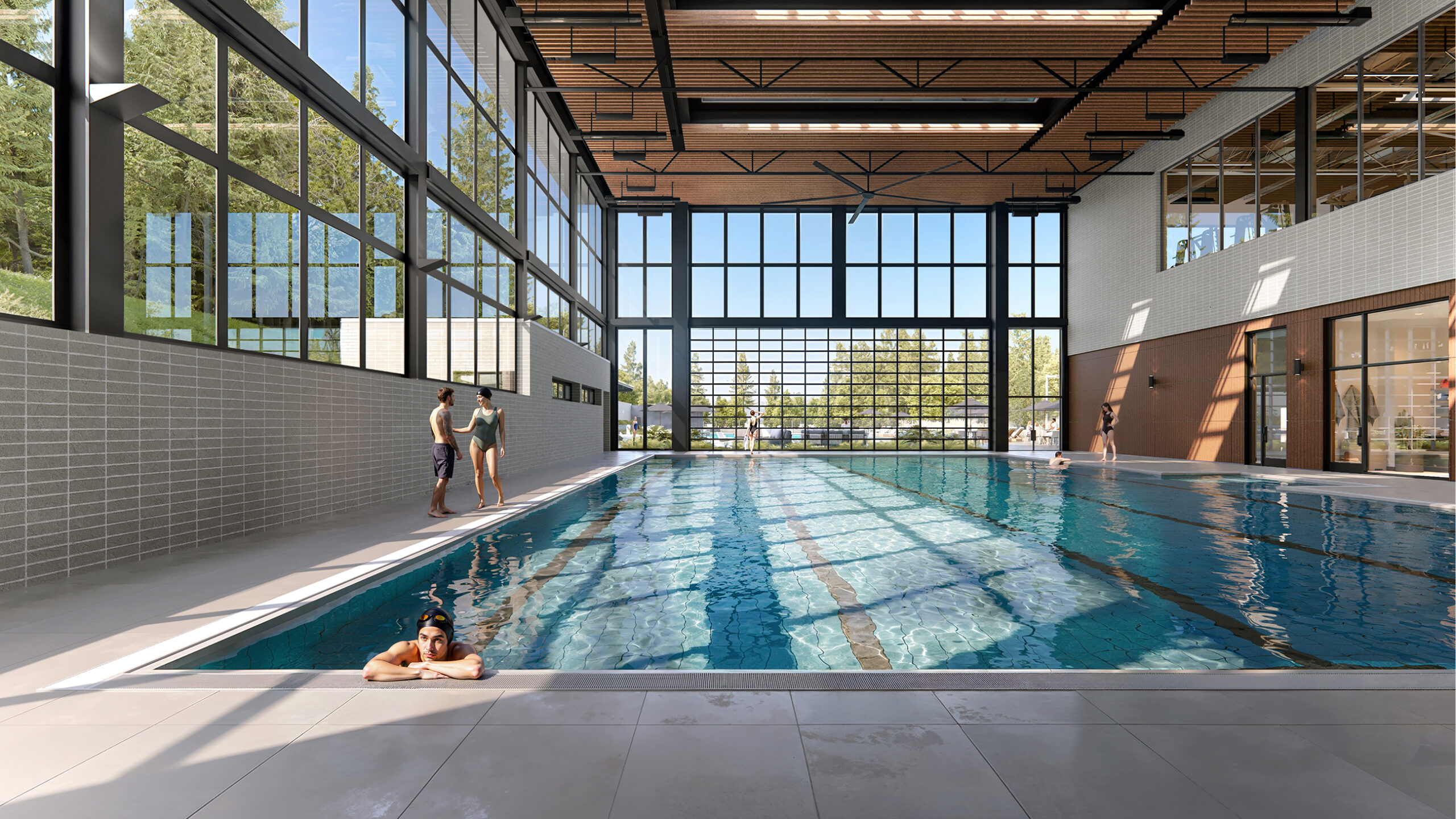 Indoor swimming pool at the Athens Athletic Club. Swimmers enjoy the bright, spacious facility.
