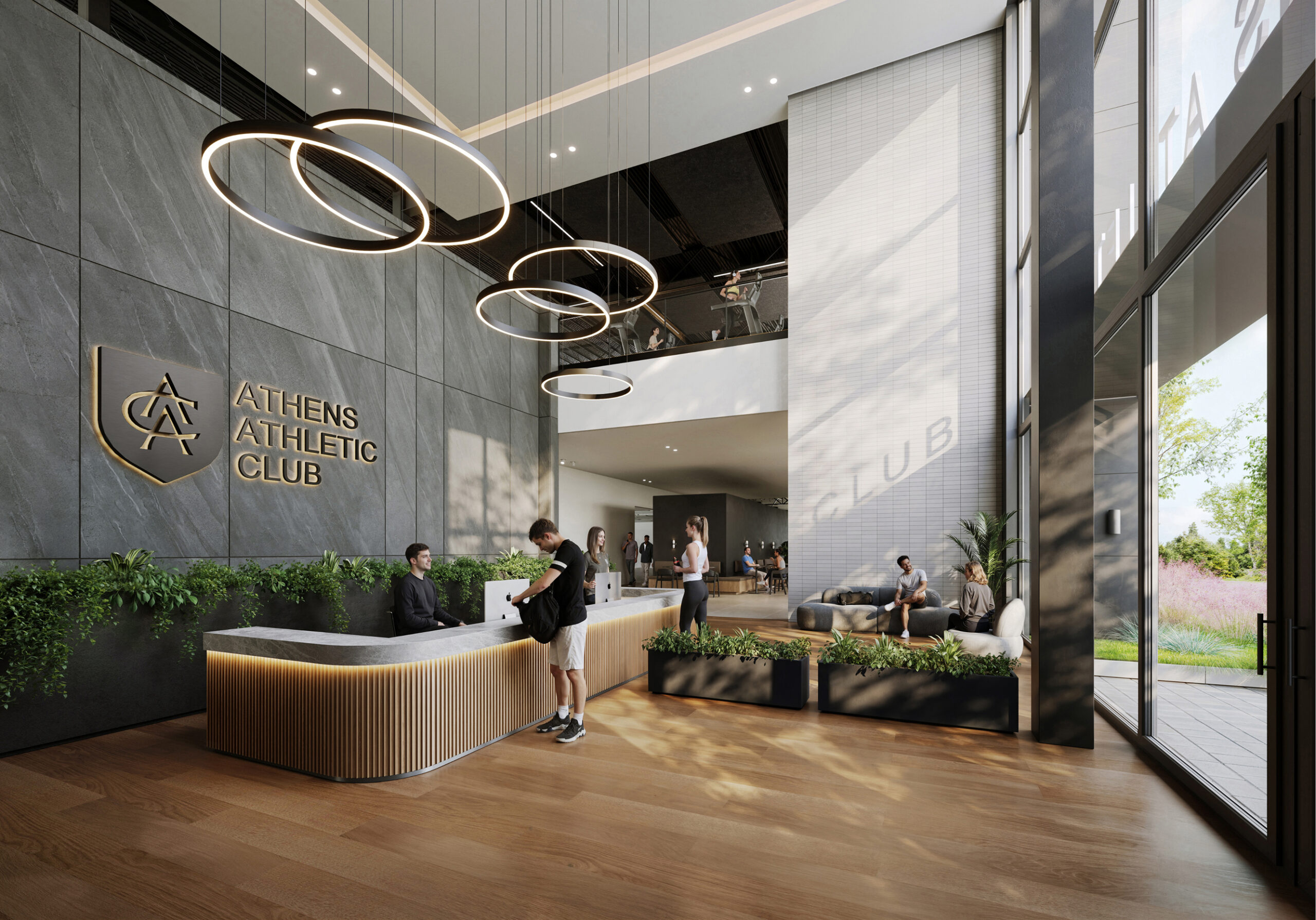 Athens Athletic Club lobby: modern reception desk, members relaxing, and a view of the fitness center.