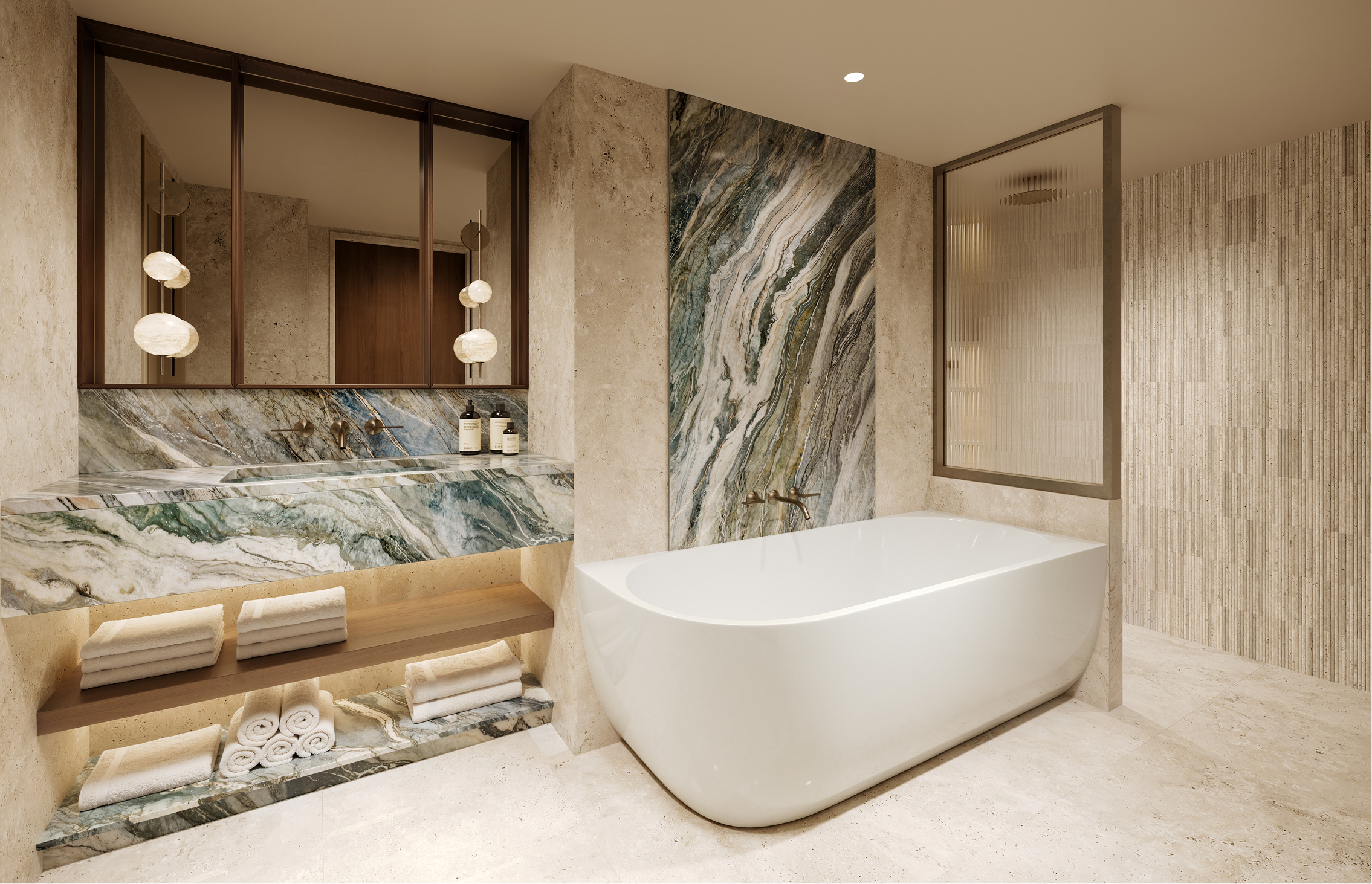 Luxurious three-bay suite bathroom with marble vanity, freestanding tub, and rainfall shower.