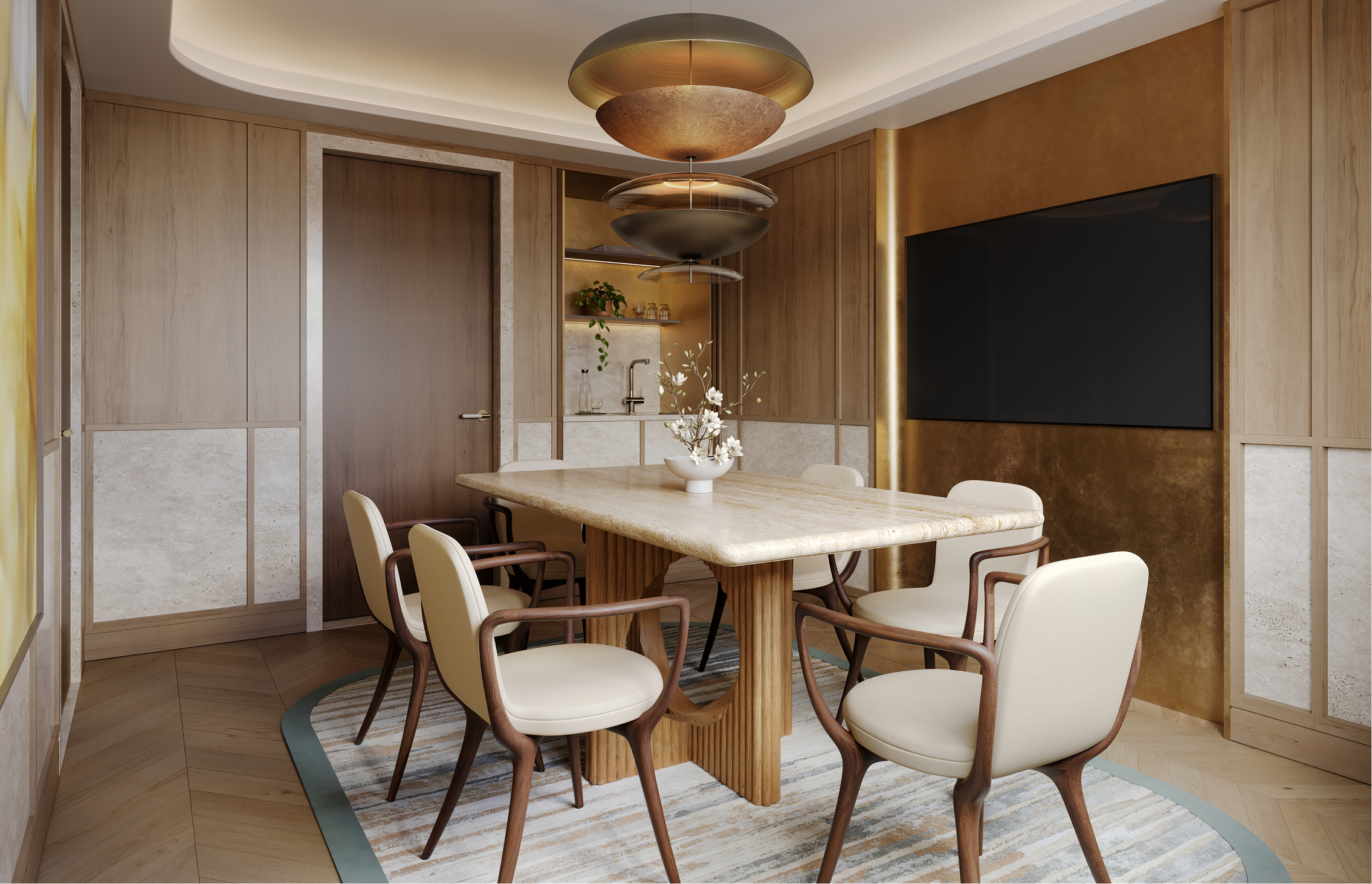 Modern dining area in a three-bay suite, featuring a marble table and beige chairs.