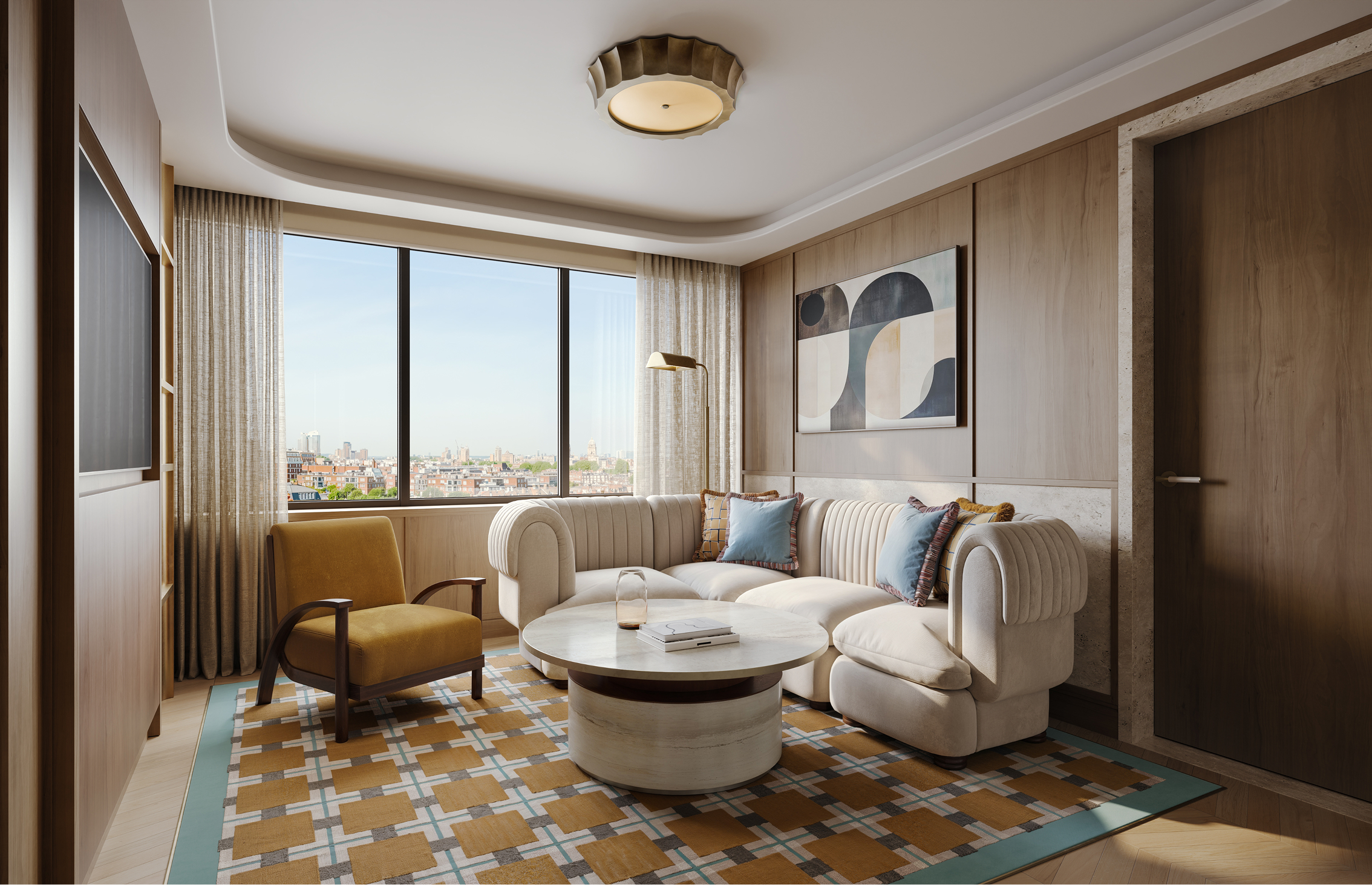 Luxurious three-bay suite living area with beige sofa, armchair, and city view.
