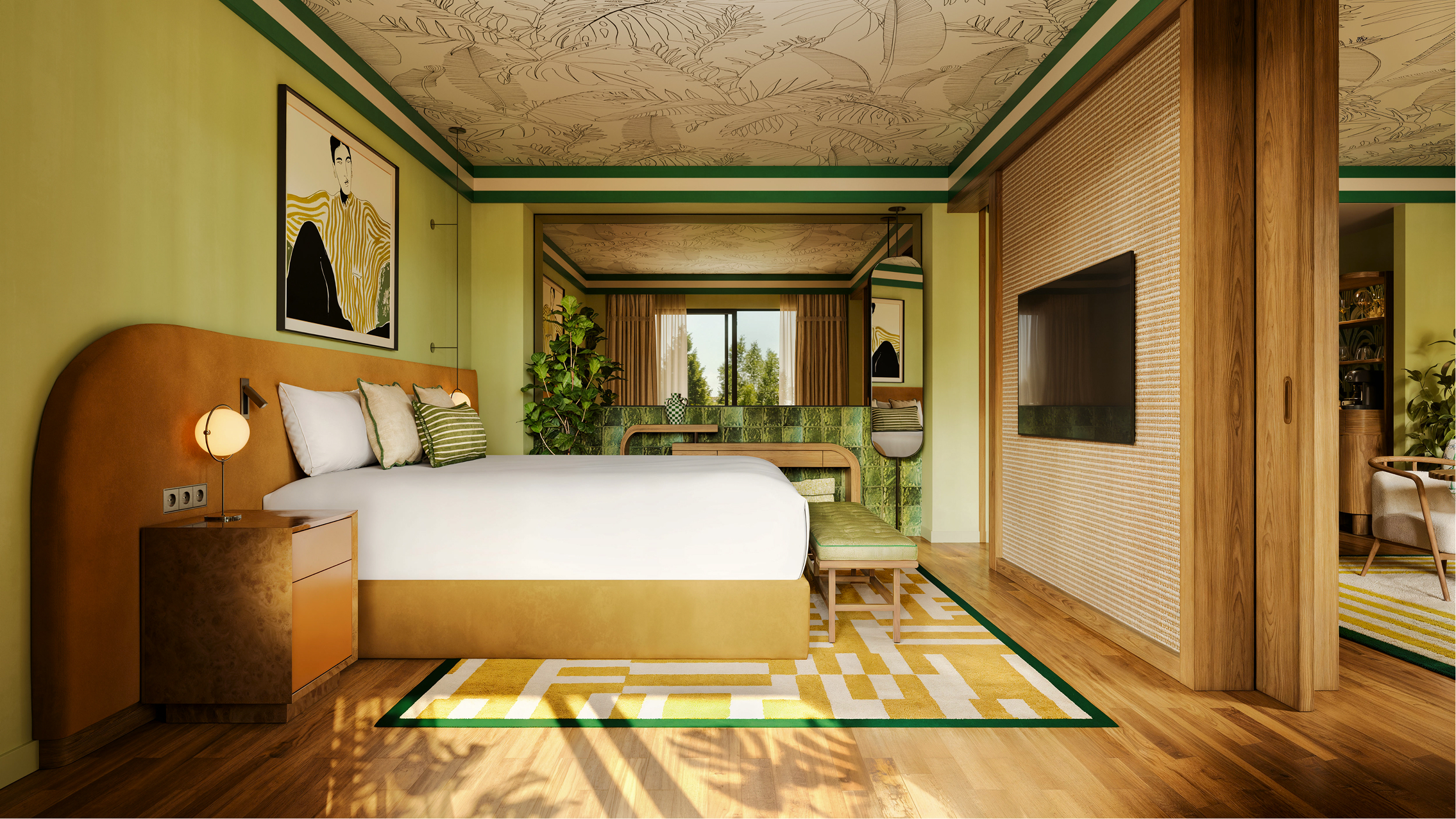 Stylish Kimpton hotel room with a comfortable bed, green walls, and a unique ceiling design.