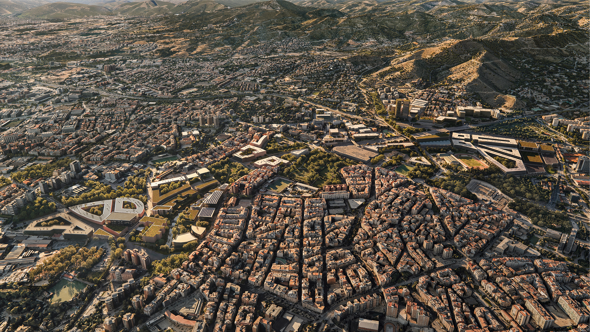 Aerial view of Barcelona's urban landscape, showcasing a mix of modern and traditional architecture.