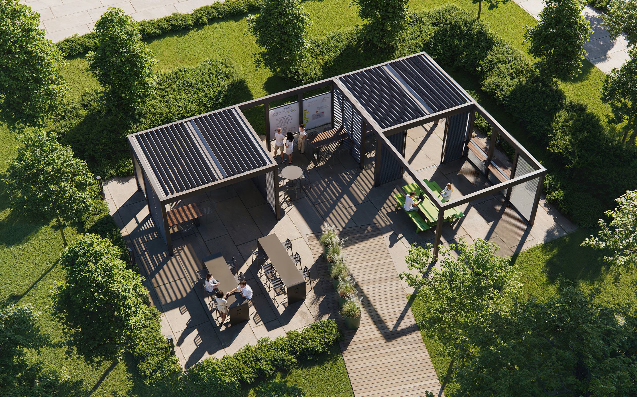 Modern outdoor pavilion with seating areas surrounded by lush greenery