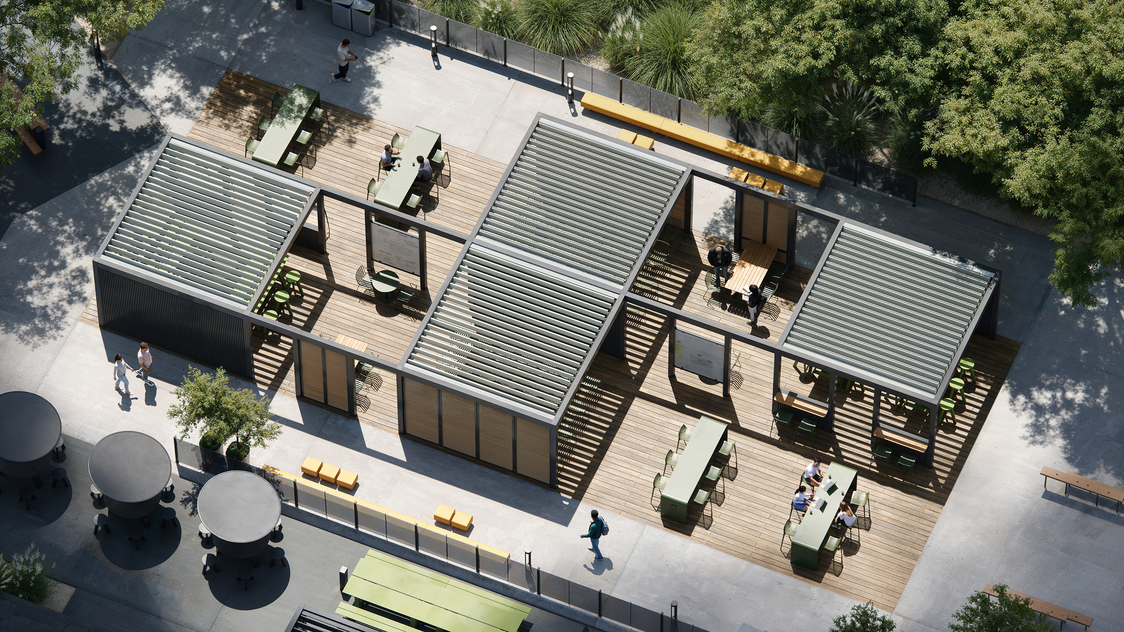 Aerial view of outdoor workspace with Landscapeforms furniture and shade structures.