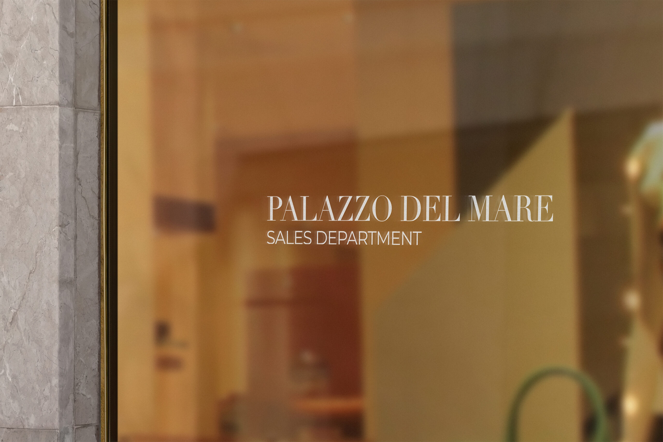 Palazzo del Mare Sales Department signage on a glass storefront.