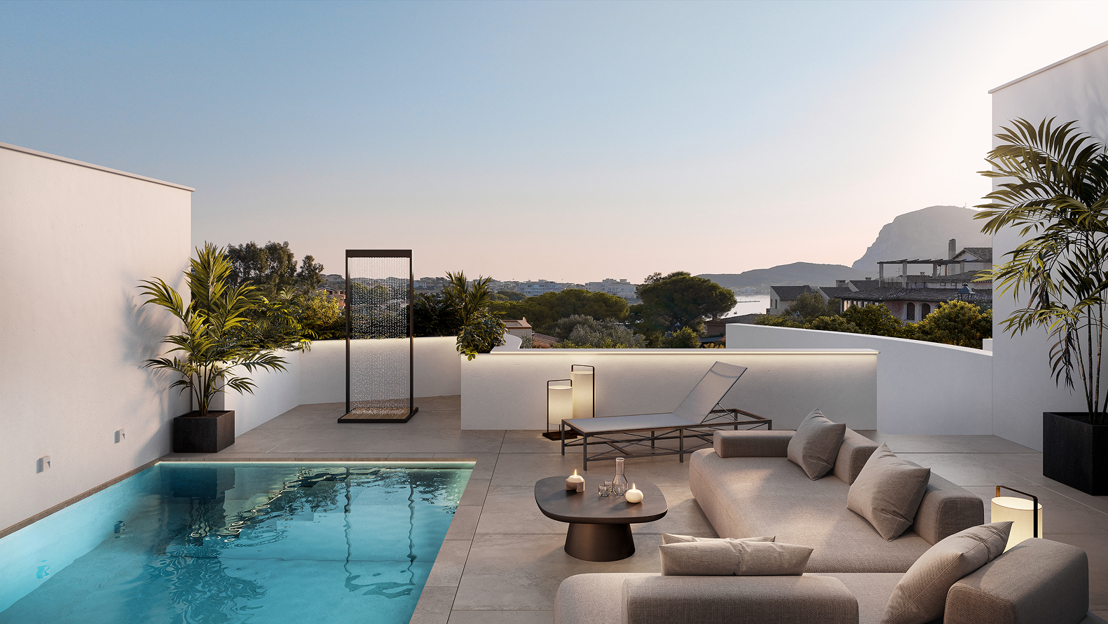 Luxury rooftop pool and lounge area with mountain view.